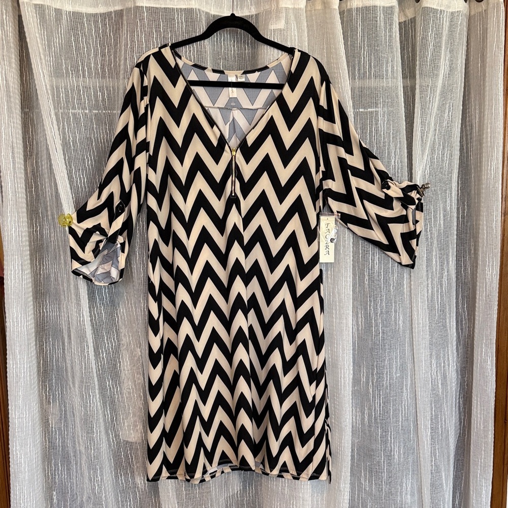 Tacera Black and Cream Chevron Dress
